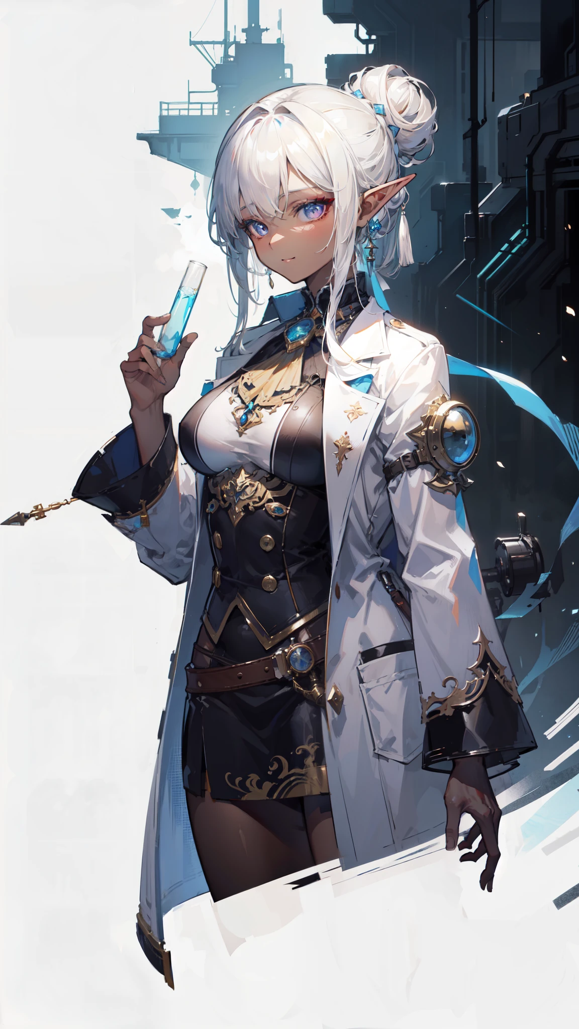 ((masterpiece )), (top quality), (best quality), ((ultra-detailed, 8k quality)), Aesthetics, Cinematic lighting, (detailed line art), Beautiful digital artwork, Exquisite digital illustration, absurdres, (best composition),
BREAK,
a female dark elf who is a scientist, (scientist clothes:1.2), (white jacket lab, Coat:1.2), (steampunk style:1.1), (holding of shimmering blue sea crystals), (background of scientific laboratory, laboratory, filled with tubes, bottles, and equipment), SteamPunkAI, CogPunkAI, cell shading, cinematic dramatic atmosphere, high quality cell shaded illustration in Fantasy steampunk style by Yoji Shinkawa, detailed and intricate environment, artstation, concept art, fluid and sharp focus, dynamic angle, by ((Mikimoto Haruhiko)),
BREAK,
highly detailed of (dark elf), (1girl), perfect face, details eye, parted, sidelock, hairbun, blonde white hair, violet eyes, eyelashes, eyeshadow, pink eyeshadow, smile, design art by Mikimoto Haruhiko, by Kawacy, By Yoshitaka Amano,
BREAK,
((perfect anatomy)), nice body, medium breast, (extremely detailed finger), best hands, perfect face, beautiful face, beautiful eyes, perfect eyes, (perfect fingers), correct anatomy, ((Dark skin))