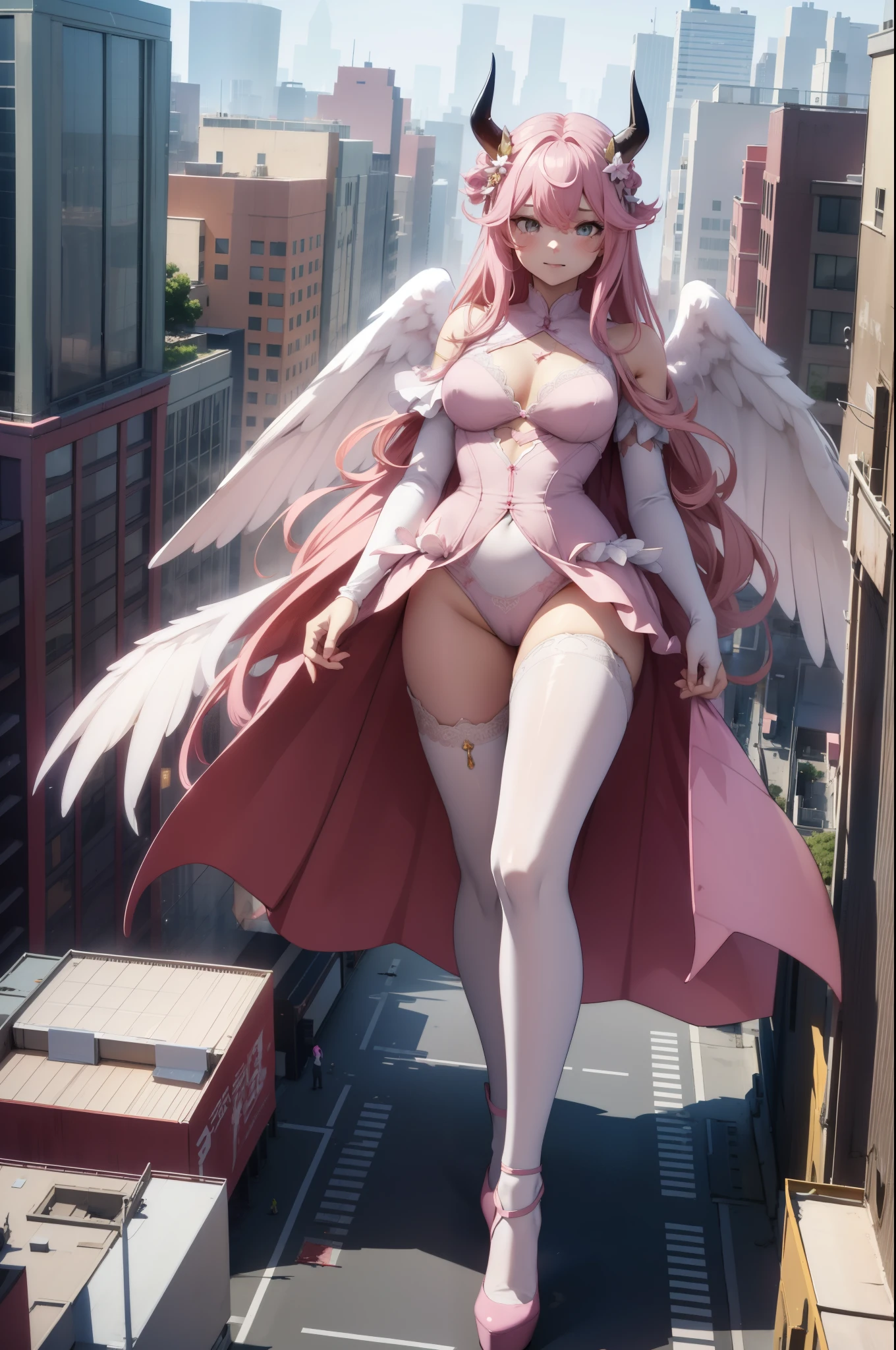 Aerial View,giant girl 50,000 feet high,Weight 1000kg,Have a pair of long legs,Has a pair of huge pink angel wings,With huge devil horns on his head,Has waist-length pink hair,loose hair,Pink wavy hair,Wearing a pair of pink Mary Jane high heels,Pink lace gloves,Pink lace pantyhose,粉色蕾丝whole body,Standing upright on a small city,Beautiful appearance,Exquisite makeup,quality,8k,高quality,Perfect proportion, Cinema lighting,film grain,Fuji colors,8k,textured skin,Super details,high detail,high resolution,fake smile,blood stains,脚底有blood stains,whole body,Obese,feather