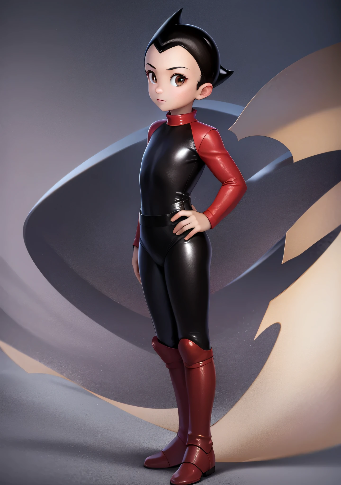 ((best quality)), ((masterpiece)), (detailed), safe, solo, 1boy, perfect face, full body image of Astro Boy, brown eyes, wearing a shiny black catsuit and red boots, simple background, standing, one hand on hip, other hand resting on asscheek