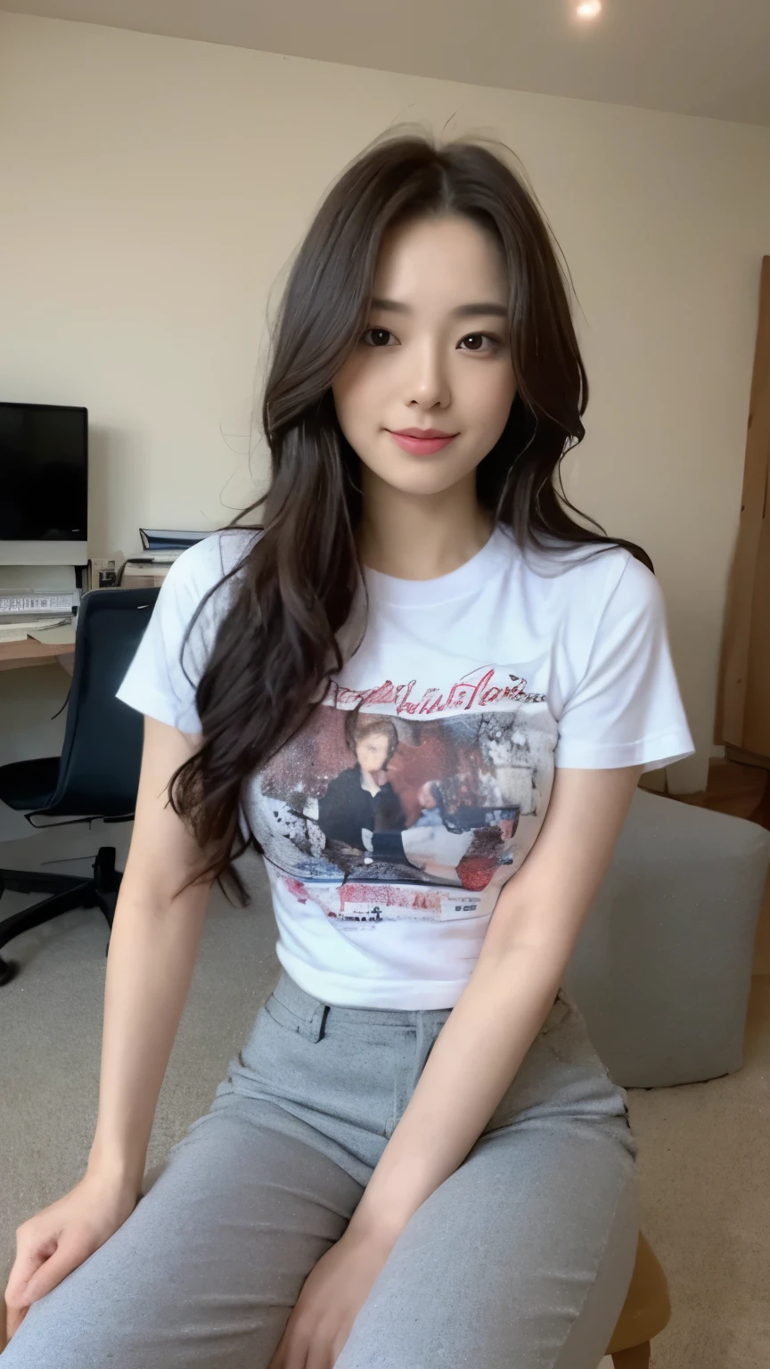 ((top-quality、8k、​masterpiece:1.3))、Beautiful woman with perfect body:1.4、slim abdomen:1.2、Longhair, normal breast, Highly detailed facial and skin texture, A detailed eye, (smile), (full body shot), ((computer room 1.2)), (sitting on the chair), (((wearing t-shirt with pants)), looking in front