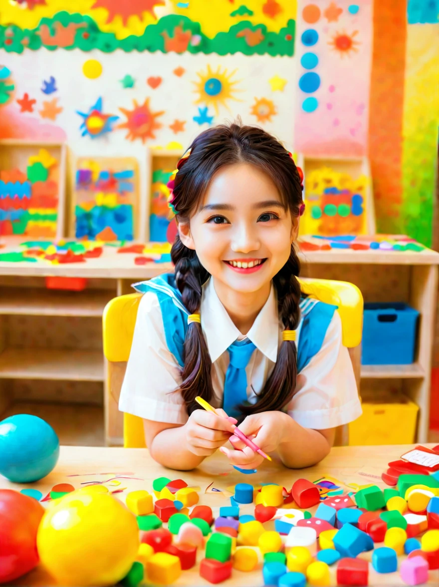 A continuation of the charming and cute depiction of a dream girlfriend as a kindergarten teacher, focusing on her photogenic and picturesque qualities. She displays a radiant smile, exuding a sense of spring warmth and happiness, uplifting the spirits of everyone, especially children. As an embodiment of wisdom, beauty, and diligence, she interacts playfully with the children in the colorful and vibrant kindergarten classroom. She is wearing a cute, professional outfit suitable for a teacher, with her hair styled in a simple, charming manner. The classroom is filled with educational toys, colorful decorations, and children's artwork, creating a joyful and lively atmosphere. The scene captures her engaging presence, showcasing her as a delightful, intelligent, and adorable kindergarten teacher., (花卉水彩画:1.5)，(Super high saturation, bright and vivid colors:1.5), (nsfw), (正面看着观众:1.5)