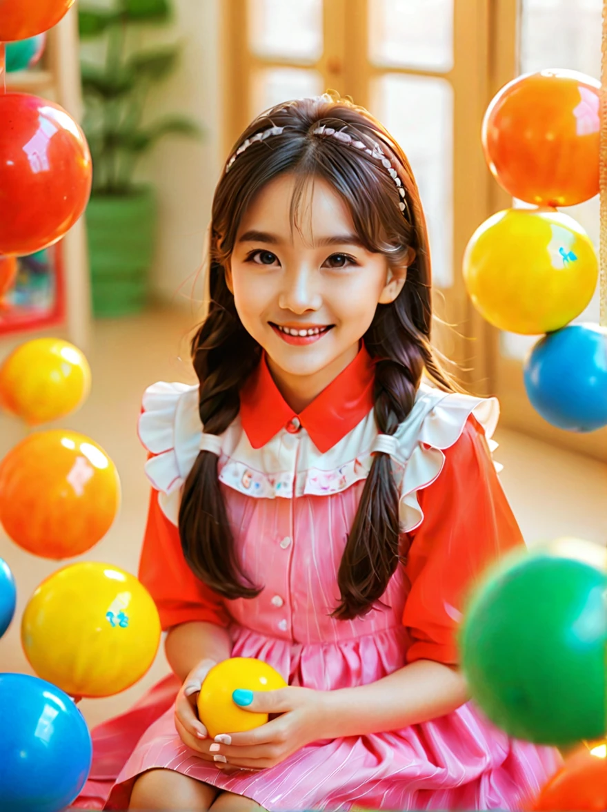 A continuation of the charming and cute depiction of a dream girlfriend as a kindergarten teacher, focusing on her photogenic and picturesque qualities. She displays a radiant smile, exuding a sense of spring warmth and happiness, uplifting the spirits of everyone, especially children. As an embodiment of wisdom, beauty, and diligence, she interacts playfully with the children in the colorful and vibrant kindergarten classroom. She is wearing a cute, professional outfit suitable for a teacher, with her hair styled in a simple, charming manner. The classroom is filled with educational toys, colorful decorations, and children's artwork, creating a joyful and lively atmosphere. The scene captures her engaging presence, showcasing her as a delightful, intelligent, and adorable kindergarten teacher., (花卉水彩画:1.5)，(Super high saturation, bright and vivid colors:1.5), (nsfw), (正面看着观众:1.5)