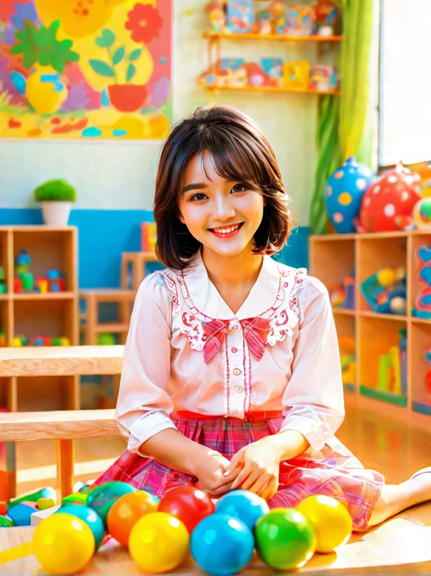 A continuation of the charming and cute depiction of a dream girlfriend as a kindergarten teacher, focusing on her photogenic and picturesque qualities. She displays a radiant smile, exuding a sense of spring warmth and happiness, uplifting the spirits of everyone, especially children. As an embodiment of wisdom, beauty, and diligence, she interacts playfully with the children in the colorful and vibrant kindergarten classroom. She is wearing a cute, professional outfit suitable for a teacher, with her hair styled in a simple, charming manner. The classroom is filled with educational toys, colorful decorations, and children's artwork, creating a joyful and lively atmosphere. The scene captures her engaging presence, showcasing her as a delightful, intelligent, and adorable kindergarten teacher., (花卉水彩画:1.5),(Super high saturation, bright and vivid colors:1.5), (nsfw), (正面看着观众:1.5)
