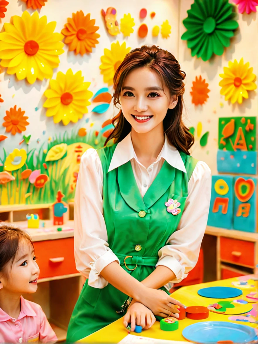 A continuation of the charming and cute depiction of a dream girlfriend as a kindergarten teacher, focusing on her photogenic and picturesque qualities. She displays a radiant smile, exuding a sense of spring warmth and happiness, uplifting the spirits of everyone, especially children. As an embodiment of wisdom, beauty, and diligence, she interacts playfully with the children in the colorful and vibrant kindergarten classroom. She is wearing a cute, professional outfit suitable for a teacher, with her hair styled in a simple, charming manner. The classroom is filled with educational toys, colorful decorations, and children's artwork, creating a joyful and lively atmosphere. The scene captures her engaging presence, showcasing her as a delightful, intelligent, and adorable kindergarten teacher., (花卉水彩画:1.5)，(Super high saturation, bright and vivid colors:1.5), (nsfw), (正面看着观众:1.5)