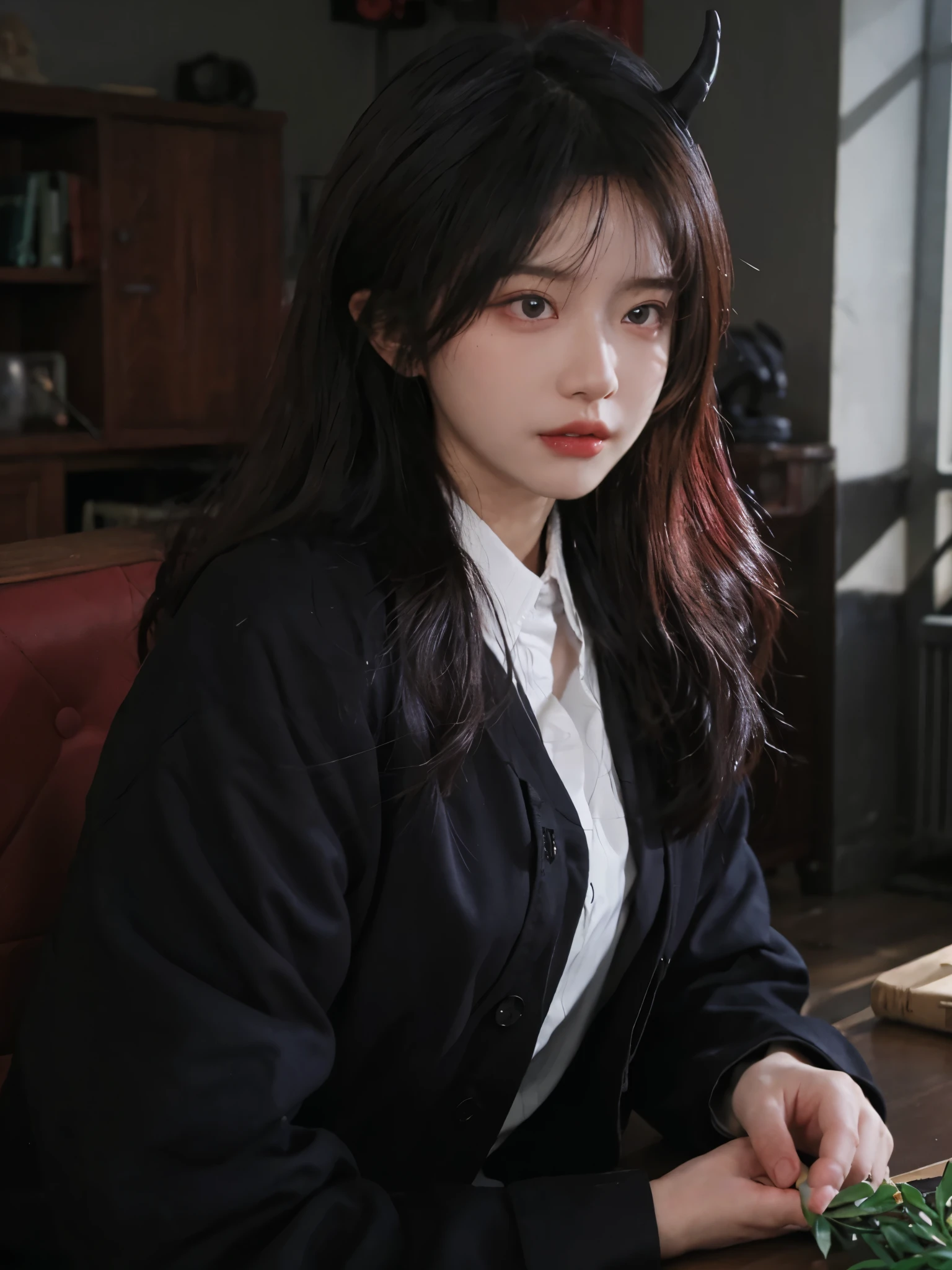 4K, 8k, masterpiece, best quality, Upper body, 1 girl, looking at the audience, Red hair, medium hair, purple eyes, devil horns, black coat, indoors, dim, The age of the actress is 23 years old, open bust