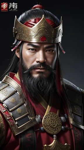 oriental、man in ancient chinese clothes、ancient chinese hairstyle man、three kingdom、multiple warlords、highest quality、masterpiece、ultra high resolution、(realistic:1.4)、game poster、Clear and beautiful image quality、Red clothes、beard、carrying a small helmet、