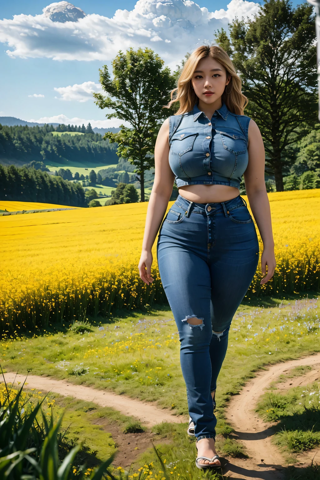 (realistic:1.3), finely detailed, quality, rembrandt lighting, (masterpiece:1.2), (photorealistic:1.2), (best quality), (detailed skin:1.3), (intricate details), dramatic, ray tracing, 2girl, asian girl, blonde hair, 21 years old, big breasts, thick body, curvy body, big hips, wide and big hips, small waist, mid torn tight jeans skirt (Meadow, Sun, Clouds, Field, Farming, Starlight, Walking trail)