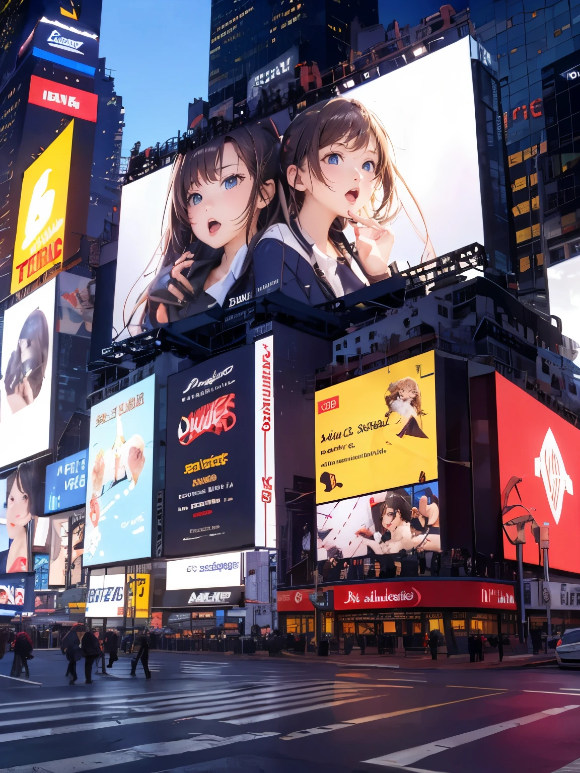 times square, huge digital billboards showing slut,