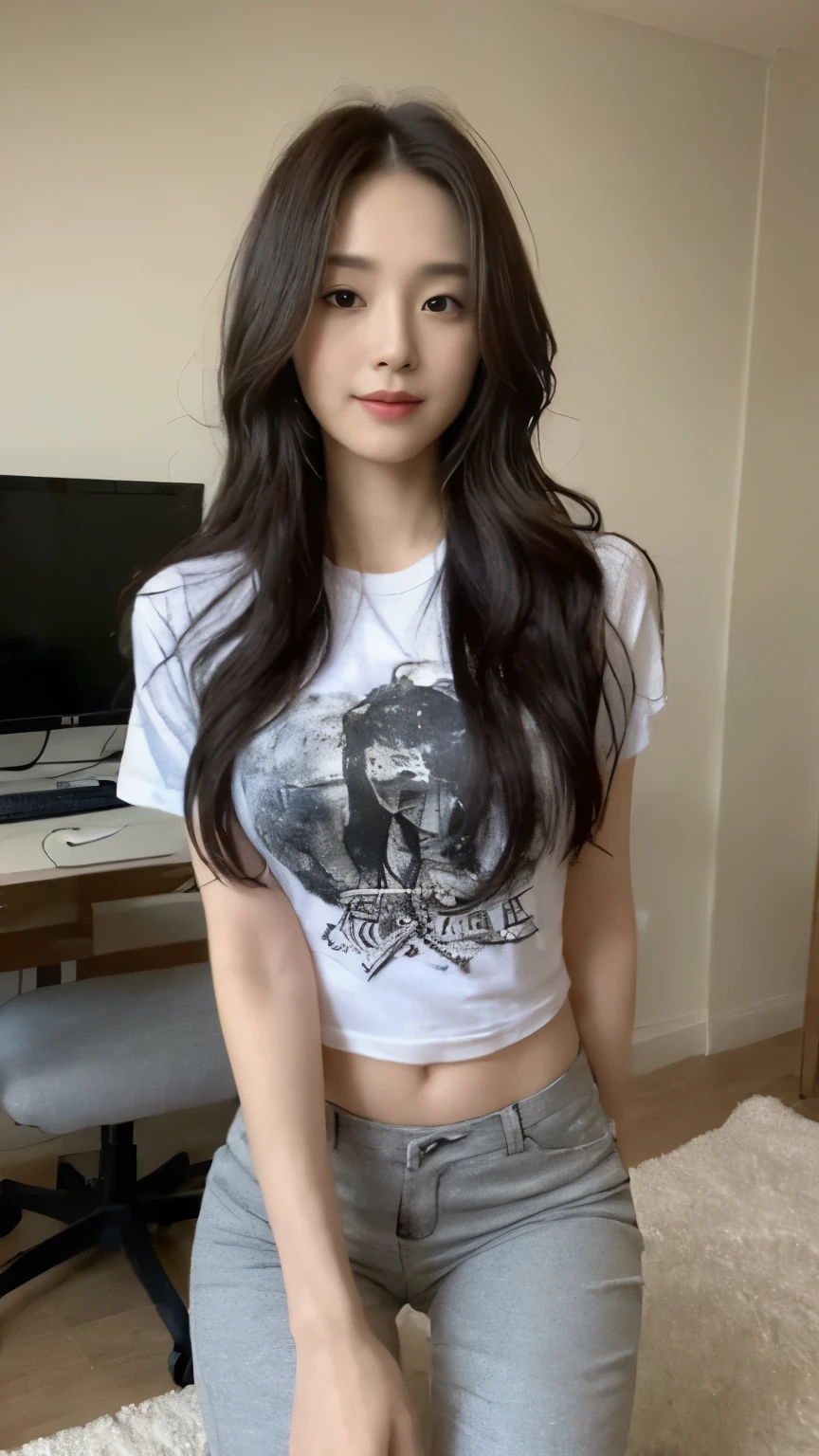 1 Girl, Beautiful, Baby Face, 20 Years Old, White Skin, , , Skinny, , , attractive , seductive,1girl, , black eyes, wearing tshirts upper jumbo sized, panties, , , , absurdres, high res, ultrasharp, 8K, masterpiece, looking at viewer , Grey Hair, Silver long messy hairstyle, r, , ((adorable:1.1)), ((masterpiece:1.1)), Sleepy Cute Face ,