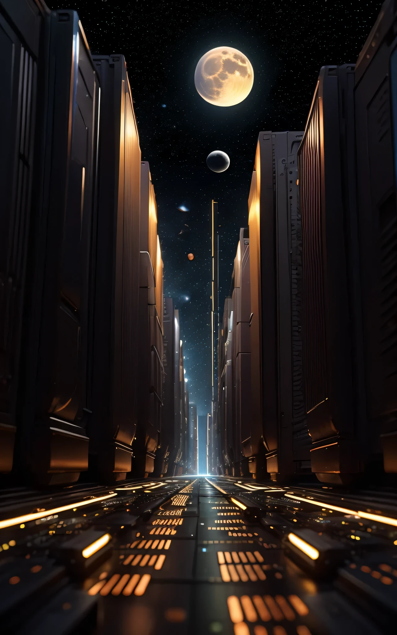 an ultra modern and futuristic corporate facade on which is marked "Alien-Tech-Club", in the background we see a magnificent moon and space with a galaxy, A City, Container robotic building , Orange tone, computer chip city, product closeups, photography closeups, cinematic rendering, C4D, blender, 3D,ultra-high definition texture details, resistors, Special Effects, (Luminous line converging towards the middle:1.2),