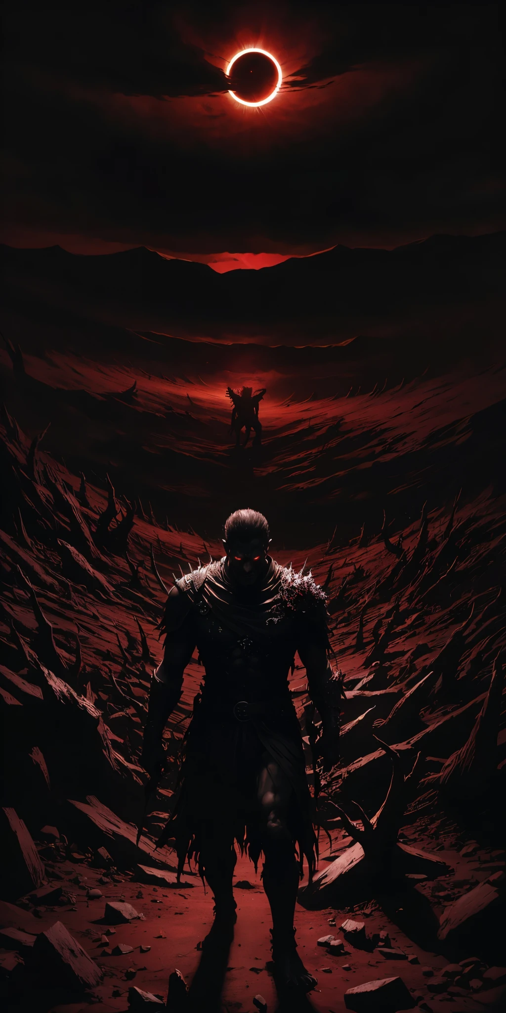 Dark red mountain a, red clouds, ominous, red and Black color scheme