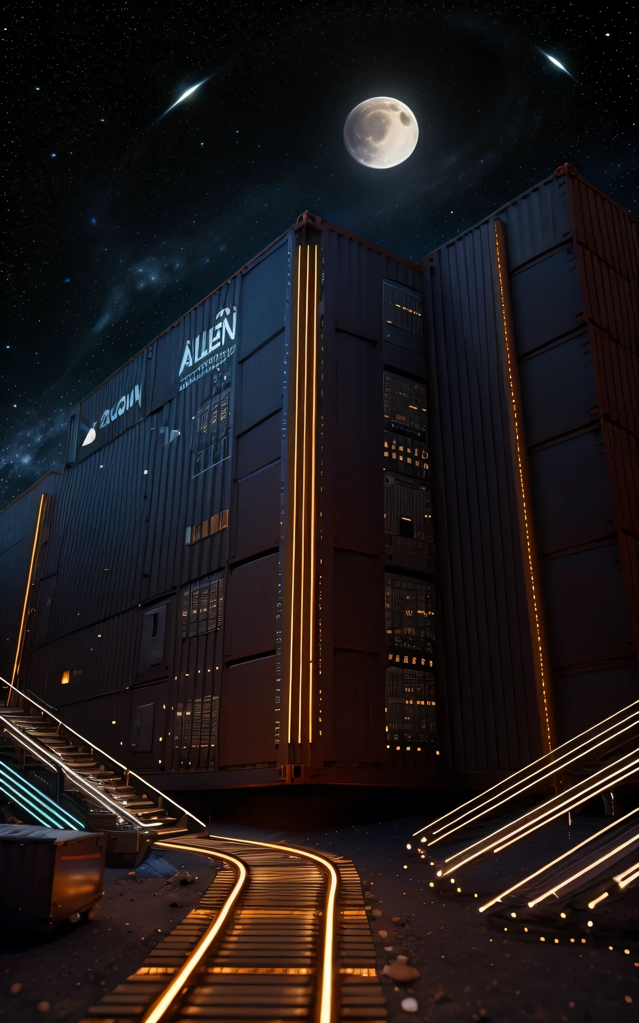 an ultra modern and futuristic corporate facade on which is marked "Alien-Tech-Club", in the background we see a magnificent moon and space with a galaxy, A City, Container robotic building , Orange tone, computer chip city, product closeups, photography closeups, cinematic rendering, C4D, blender, 3D,ultra-high definition texture details, resistors, Special Effects, (Luminous line converging towards the middle:1.2),