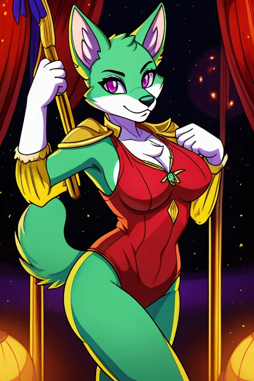 (best quality,4k,8k,highres,masterpiece:1.2),ultra-detailed,(realistic,photorealistic,photo-realistic:1.37(best quality,masterpiece:1.2,realistic,highres,4k)female anthro fox, mint green fur, pink eyes, ringmaster, circus, carnival, red and yellow, energetic atmosphere, carnivalia, mildly intense atmosphere, daring pose, blue bottoms, white gloves, red top, SFW,