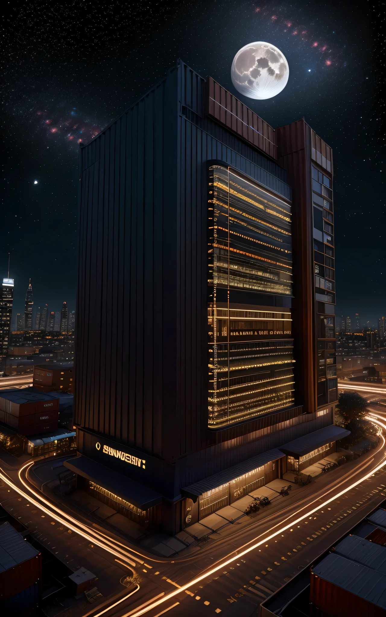 an ultra modern and futuristic corporate facade on which is marked "Alien-Tech-Club", in the background we see a magnificent moon and space with a galaxy, A City, Container robotic building , Orange tone, computer chip city, product closeups, photography closeups, cinematic rendering, C4D, blender, 3D,ultra-high definition texture details, resistors, Special Effects, (Luminous line converging towards the middle:1.2),