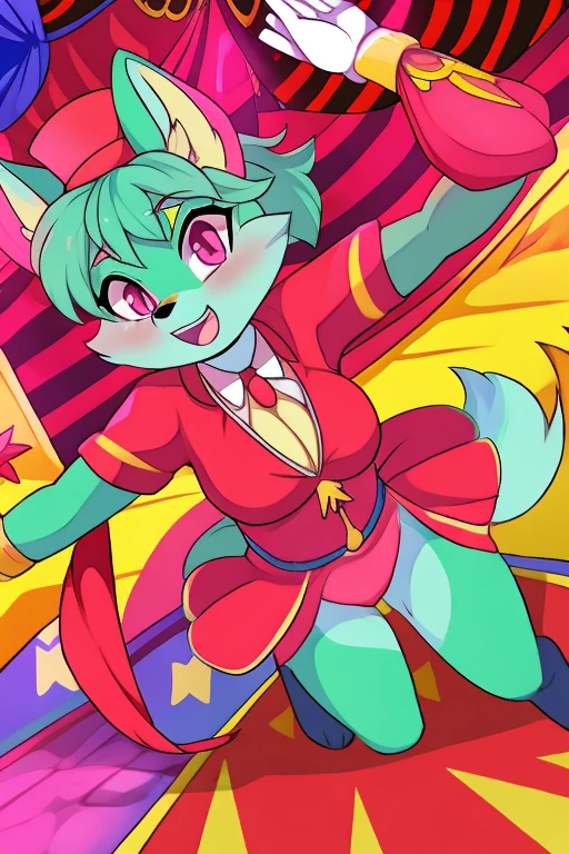 female anthro fox, mint green fur, pink eyes, ringmaster, circus, carnival, red and yellow, energetic atmosphere, carnivalia, mildly intense atmosphere, daring pose, blue bottoms, white gloves, red top, SFW,