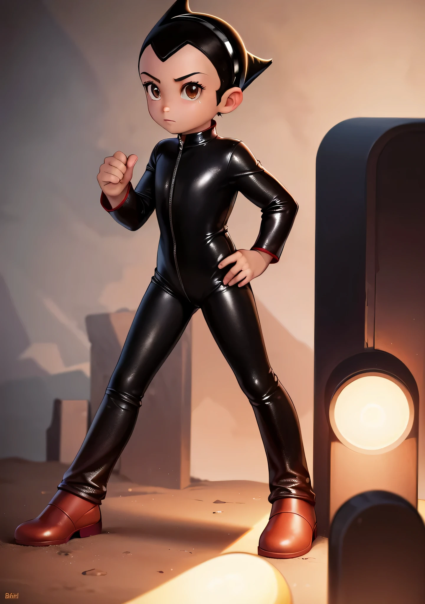 ((best quality)), ((masterpiece)), (detailed), safe, solo, 1boy, perfect face, full body image of Astro Boy, brown eyes, wearing a shiny black catsuit and red boots, simple background, standing, one hand on hip, other hand resting on asscheek