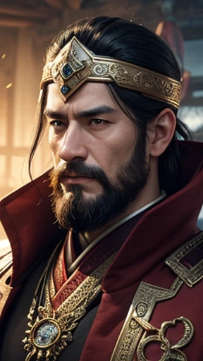oriental、man in ancient chinese clothes、ancient chinese hairstyle man、three kingdom、multiple warlords、highest quality、masterpiece、ultra high resolution、(realistic:1.4)、game poster、Clear and beautiful image quality、Red clothes、beard、put a small helmet on your head、