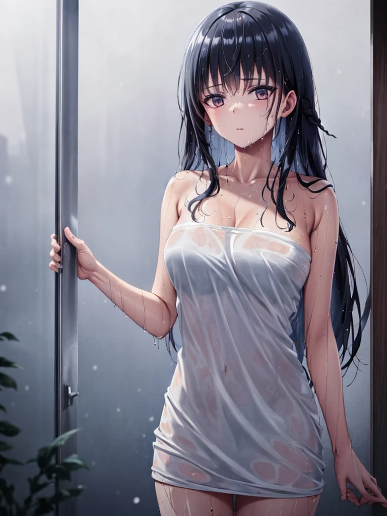 uma mulher adulta、In your room, coming out of the towel bath, hair as wet as the blue walls, big windows with snow falling at night, Abaz standing above the yellow light, long black hair.(CG:1.4 extremamente detalhado)、顔 highly detailed、4k