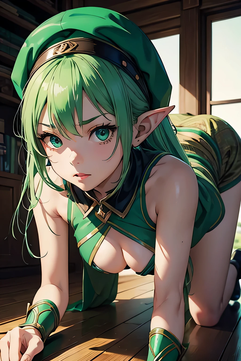 masterpiece, A girl with green hair and a green hat stands in the room, splash art, style art buds, elf girl, Renji Murata and Art Germ, Very warm, Bibby, art gelm style, style league of legends, Ruan Jia and Artgerm, art gelm style, ! dream art germ、Correct crawl on all fours