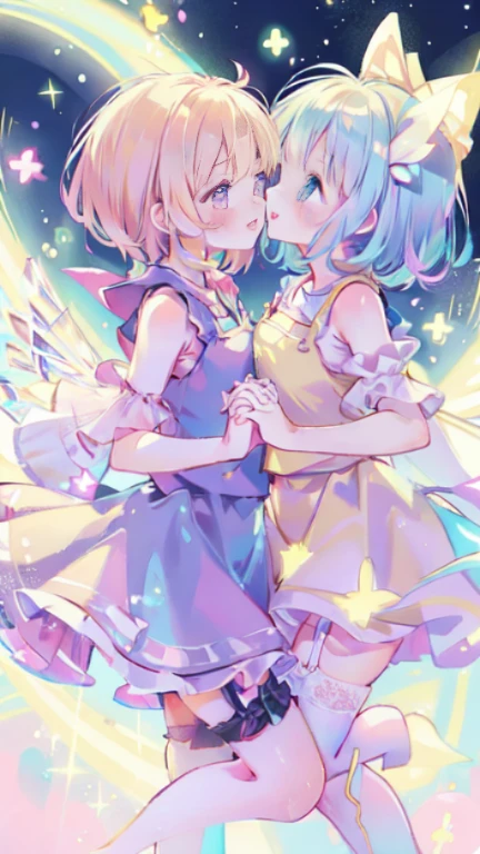 kirisame_marisa wa cirno,(touhou project),(2girls:1.1),Ejaculate,Lots of Semen,Whole body,,Apply the milky white liquid that comes out of your breasts to your face,(holding hands:1.1),(kiss on the lips:1.1),Too cute,sweet,shy,Transparent pink garter stockings,whole body,barefoot,lace,More vivid colors and softer contrast,fair skin,The skin is delicate and shiny