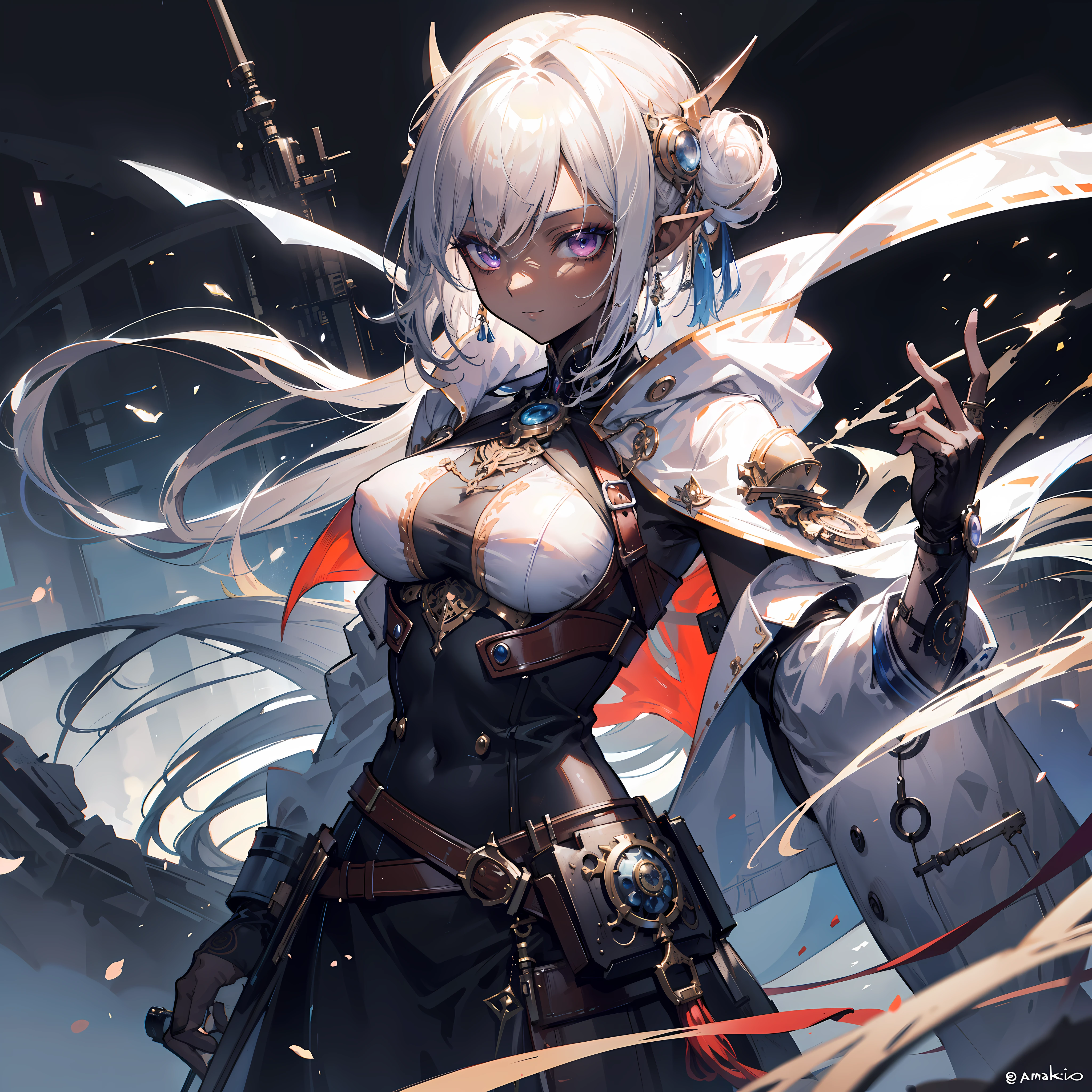 ((masterpiece )), (top quality), (best quality), ((ultra-detailed, 8k quality)), Aesthetics, Cinematic lighting, (detailed line art), Beautiful digital artwork, Exquisite digital illustration, absurdres, (best composition),
BREAK,
a female dark elf who is a scientist, (scientist clothes:1.2), (white jacket lab, Coat:1.2), (steampunk style:1.1), (holding of shimmering blue sea crystals), (background of scientific laboratory, laboratory, filled with tubes, bottles, and equipment), SteamPunkAI, CogPunkAI, cell shading, cinematic dramatic atmosphere, high quality cell shaded illustration in Fantasy steampunk style by Yoji Shinkawa, detailed and intricate environment, artstation, concept art, fluid and sharp focus, dynamic angle, by ((Mikimoto Haruhiko)),
BREAK,
highly detailed of (dark elf), (1girl), perfect face, details eye, parted, sidelock, hairbun, blonde white hair, violet eyes, eyelashes, eyeshadow, pink eyeshadow, smile, design art by Mikimoto Haruhiko, by Kawacy, By Yoshitaka Amano,
BREAK,
((perfect anatomy)), nice body, medium breast, (extremely detailed finger), best hands, perfect face, beautiful face, beautiful eyes, perfect eyes, (perfect fingers), correct anatomy, ((Dark skin))