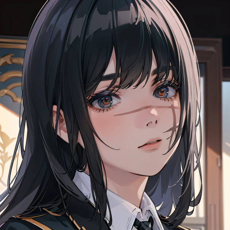 (higher resolution, distinct image) The best quality, a girl, Yoru, masterpiece, highly detailed, semi realistic, long hair, shaggy black hair, bangs, young, tall and strong, black military uniform, military academies, war insignia, inner backgrounds, cold, serious, tall, beautiful, authoritative, powerful, delicate facial features, exquisite facial features, small breasts, defined waists