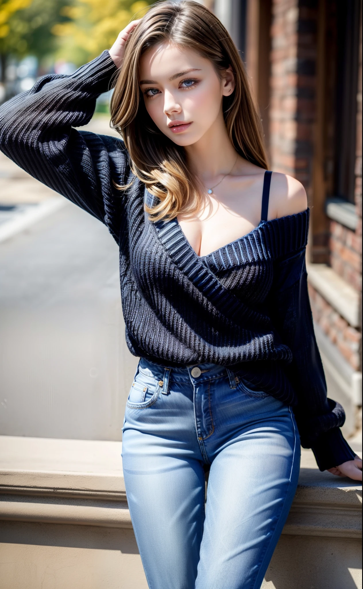 RAW photo, photo realistic:1.2, ultra high resolution, highly detailed face, highly detailed eyes, perfect anatomy, super detailed skin, not safe for work, UHD, 
(dynamic angle, casual pose:1.2), outdoors, downtown, (legs focus, full body:1.2), (beautiful face, beautiful eyes, beautiful legs:1.3), 
1girl, 20-year-old, European woman, brunette hair, straight hair, bra lenght brown hair, forehead, blue eyes, large breast, (black sweater:1.6), long sleeves, bare shoulder, bare neck, skinny, wide hips, thin waist, (flares jeans:1.4), (medium blue jeans:1.4), (brown chelsea boots:1.2)