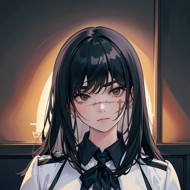 (higher resolution, distinct image) The best quality, a girl, Yoru, masterpiece, highly detailed, semi realistic, long hair, shaggy black hair, bangs, young, tall and strong, black military uniform, military academies, war insignia, inner backgrounds, cold, serious, tall, beautiful, authoritative, powerful, delicate facial features, exquisite facial features, small breasts, defined waists