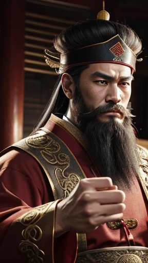 oriental、man in ancient chinese clothes、ancient chinese hairstyle man、three kingdom、multiple warlords、highest quality、masterpiece、ultra high resolution、(realistic:1.4)、game poster、Clear and beautiful image quality、Red clothes、long beard、I put a small box on my head、