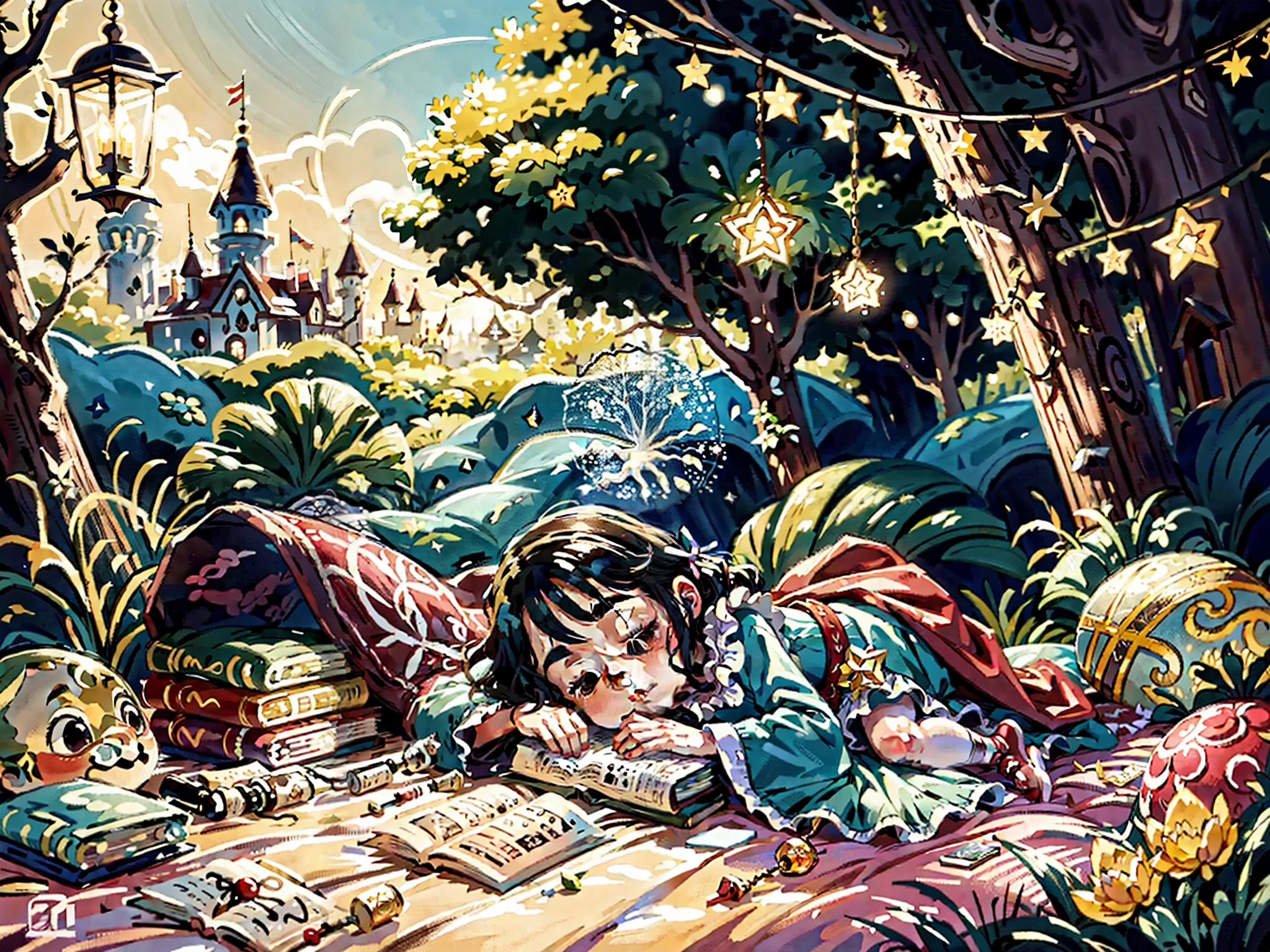 color photo of a princess sleeping on a soft bed, princess bed, Covered with a soft quilt,with a warm picture and a cartoon picture book. The scene is set against a star background, resembling a 2D illustration in the Disney style. The atmosphere evokes a sense of enchantment and nostalgia, reminiscent of Grimm's Fairy Tales. The photo is captured with a 4K resolution and an aspect ratio of 16:9. —c 10 —ar 2:3