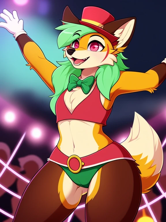 (coffeesoda:1.1), hioshiru, female anthro fox, mint green fur, pink eyes, ringmaster, circus, carnival, red and yellow, energetic atmosphere, carnivalia, mildly intense atmosphere, daring pose, blue bottoms, white gloves, red top, SFW,