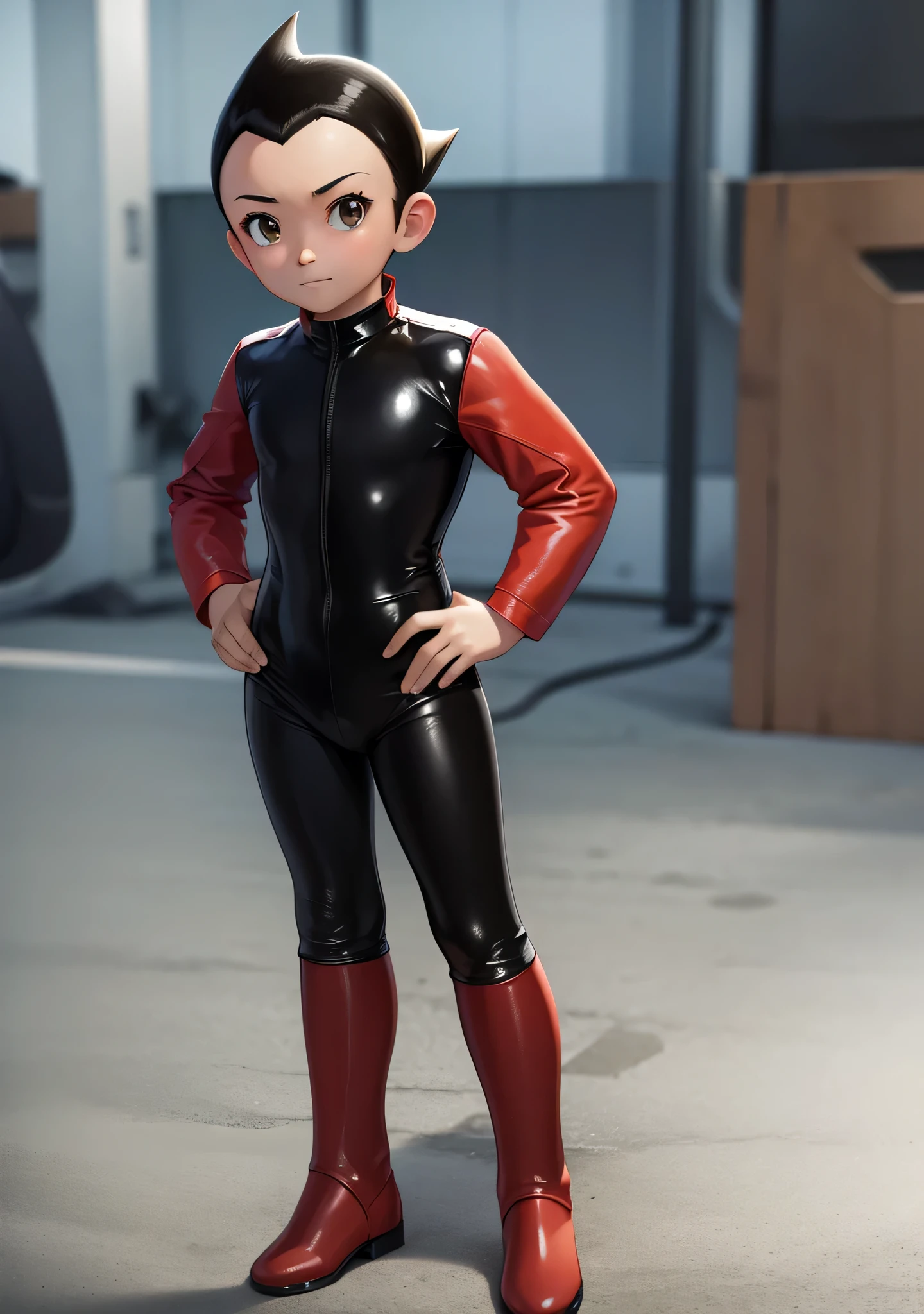 ((best quality)), ((masterpiece)), (detailed), safe, solo, 1boy, perfect face, full body image of Astro Boy, brown eyes, wearing a shiny black catsuit and red boots, simple background, standing, one hand on hip, other hand resting at his side