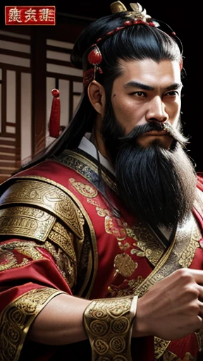 oriental、man in ancient chinese clothes、ancient chinese hairstyle man、three kingdom、multiple warlords、highest quality、masterpiece、ultra high resolution、(realistic:1.4)、game poster、Clear and beautiful image quality、Red clothes、long beard、I decorated my head with a small box.、