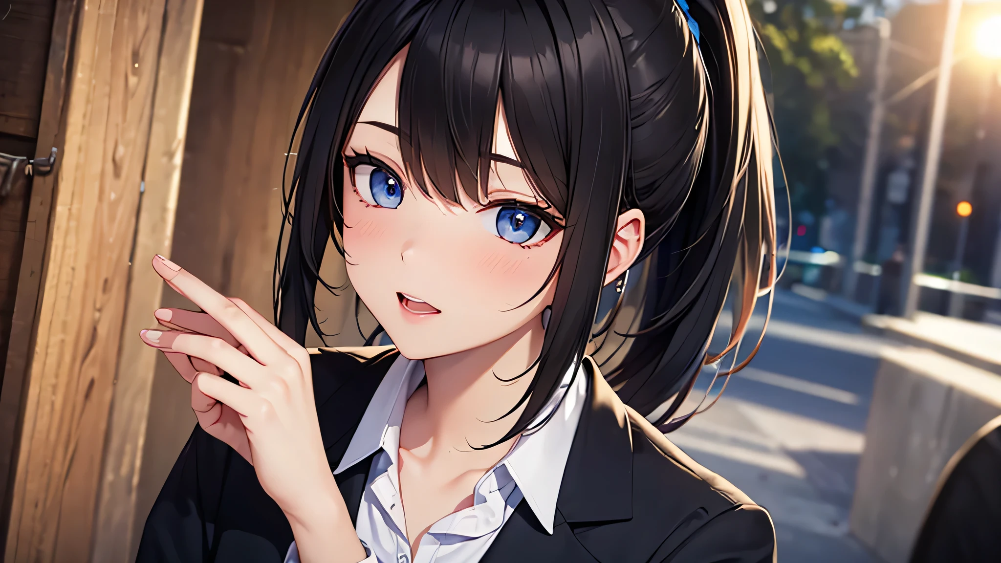 #woman(8K, RAW photo:1.2),detailed face and eyes,最high quality, ultra high resolution, very detailed ,intricate details ,pretty girl , soft light like a movie, hyper detail,sharp focus, high quality,suit,Shirt Formal,ponytail,black hair,Salt compatible,high angle,business suit,drunk,night,town,face to face,help a man（I can only see the body）,whole body