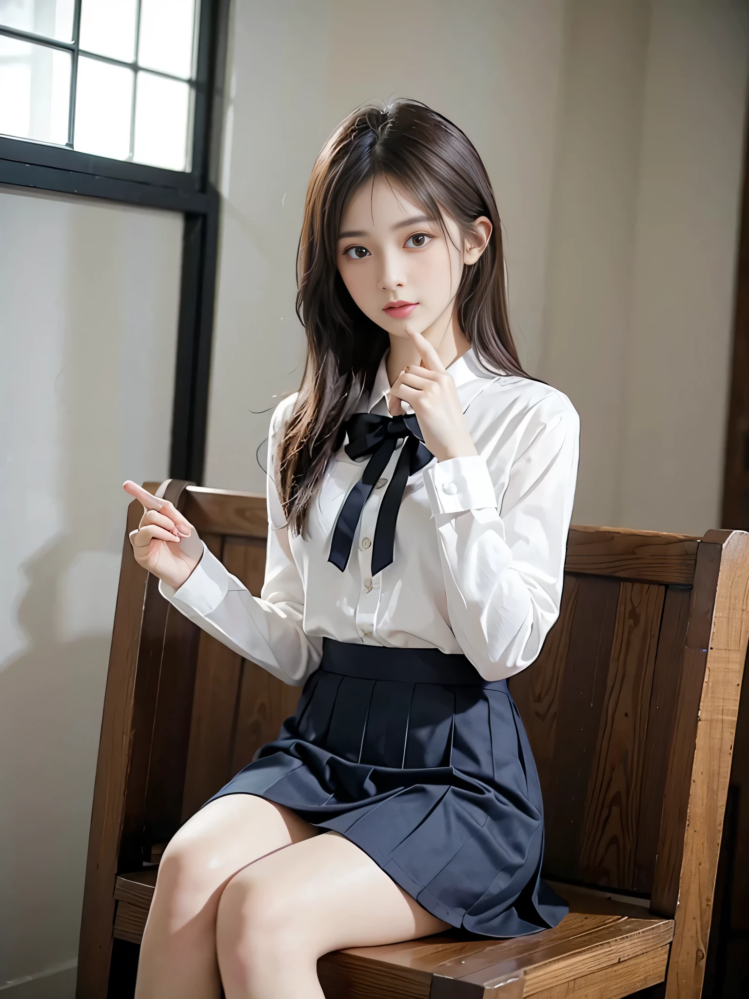 (highest quality: 1.3), (masterpiece: 1.3), (Super detailed: 1.3), ( one girl: 1.1)、(delicate hands and fingers:1.2)、(Detailed super oily shiny skin:1.1)、17 year old girl, uniform、pleated skirt、stage、sit、thin legs、angle from below、perfect proportions、Beautiful sight