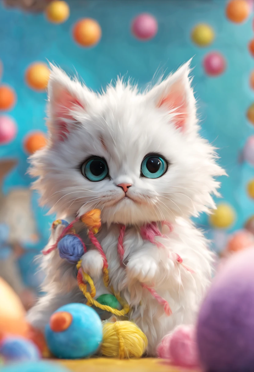 (best quality,4k,highres,masterpiece:1.2),ultra-detailed,realistic,cute fluffy white cat,round paw,playing with a colorful string-ball,soft fur texture,vivid colors,paw pads,curious expression,natural lighting,studio backdrop,cute and playful,elegant posture,realistic eyes and nose,sharp focus,professional,bokeh,artistic portrait, in the style of cute animals 