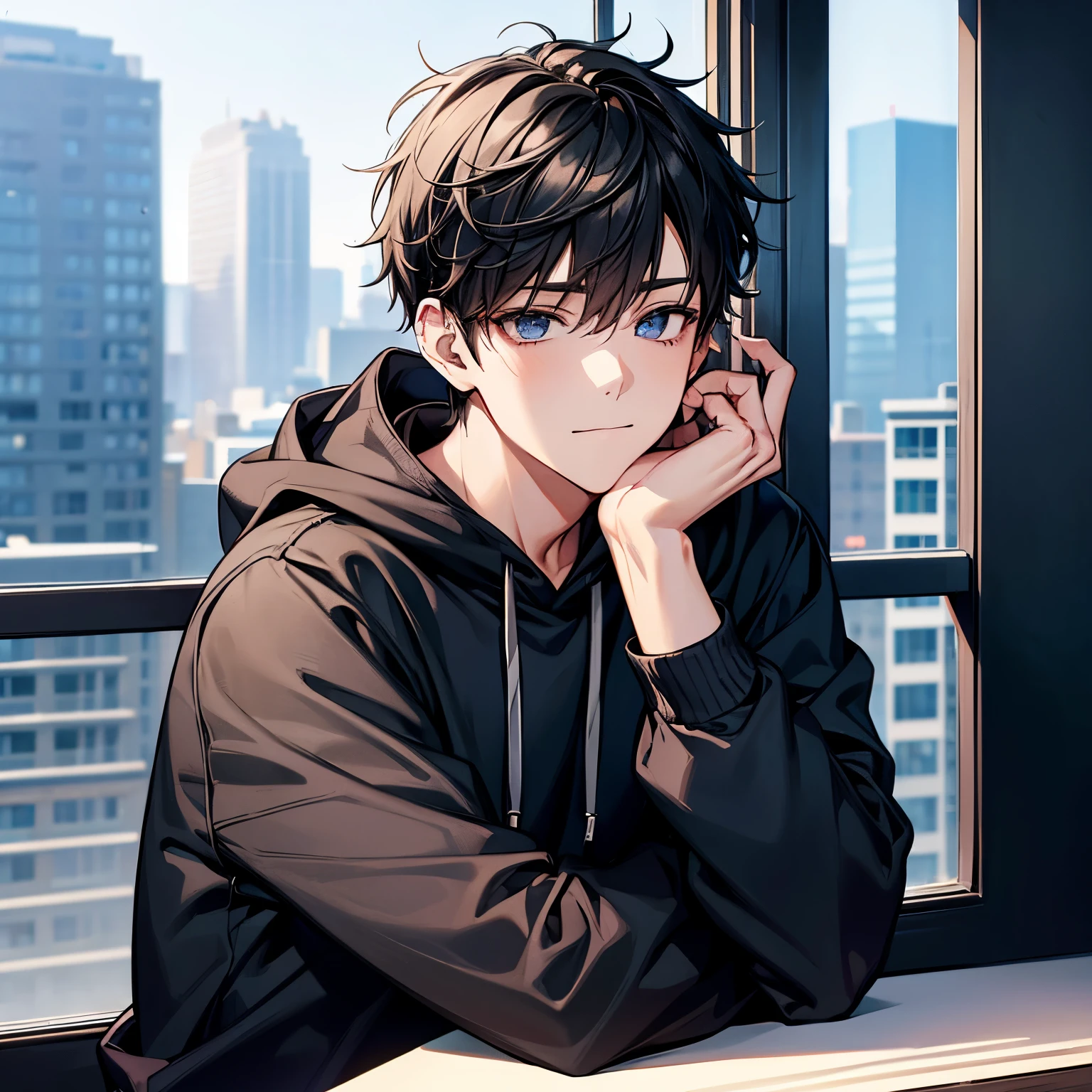 1 boy, face focus, adult, Plain hoodie、highest quality, office, building from the window, detailed background, diffused sunlight, Depth of bounds written, Bokeh、Has a chin rest、A little sexy、I have piercings、Looks a little out of character