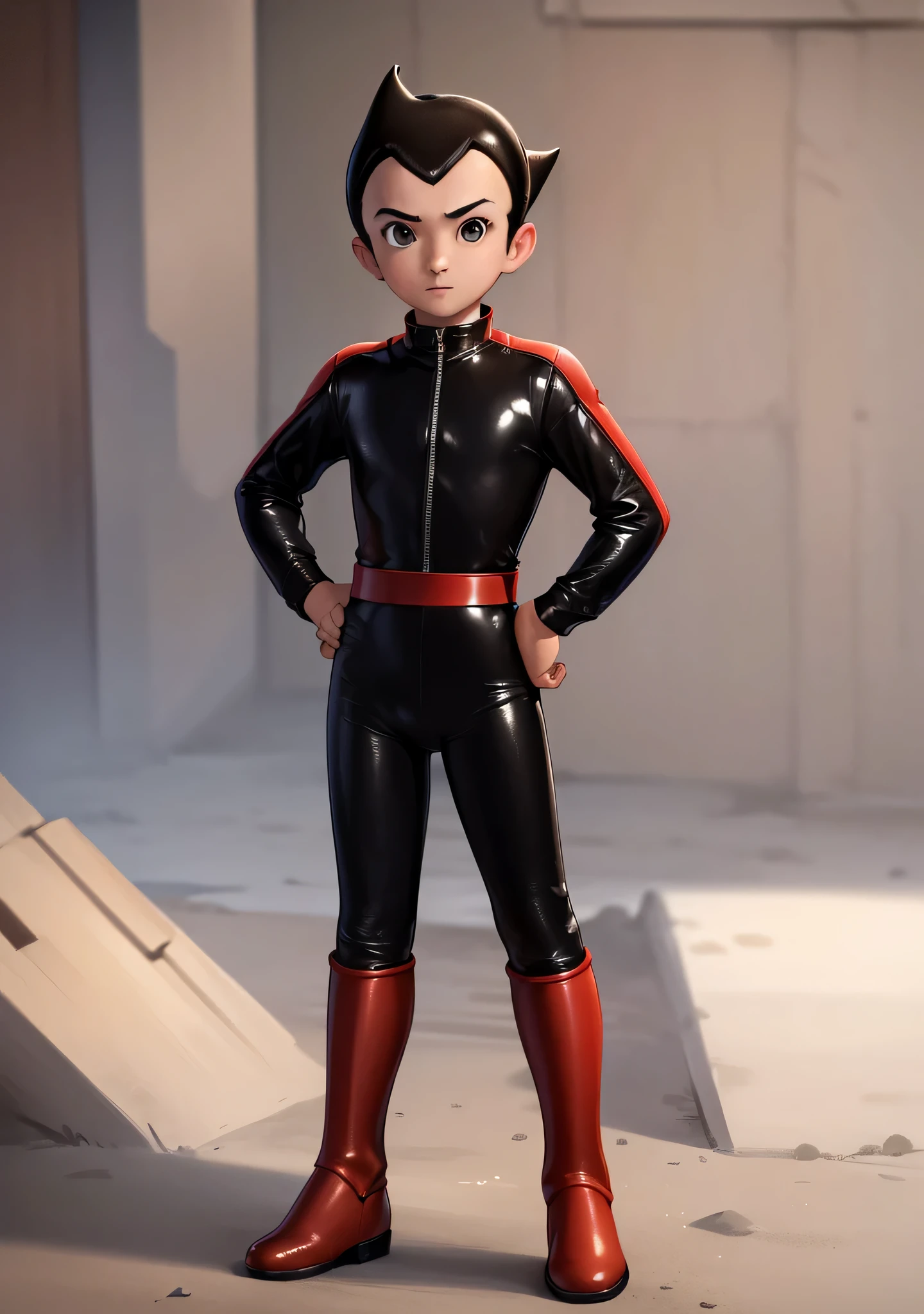 ((best quality)), ((masterpiece)), (detailed), safe, solo, 1boy, perfect face, full body image of Astro Boy, brown eyes, wearing a shiny black catsuit and red boots, simple background, standing, one hand on hip, other hand resting at his side