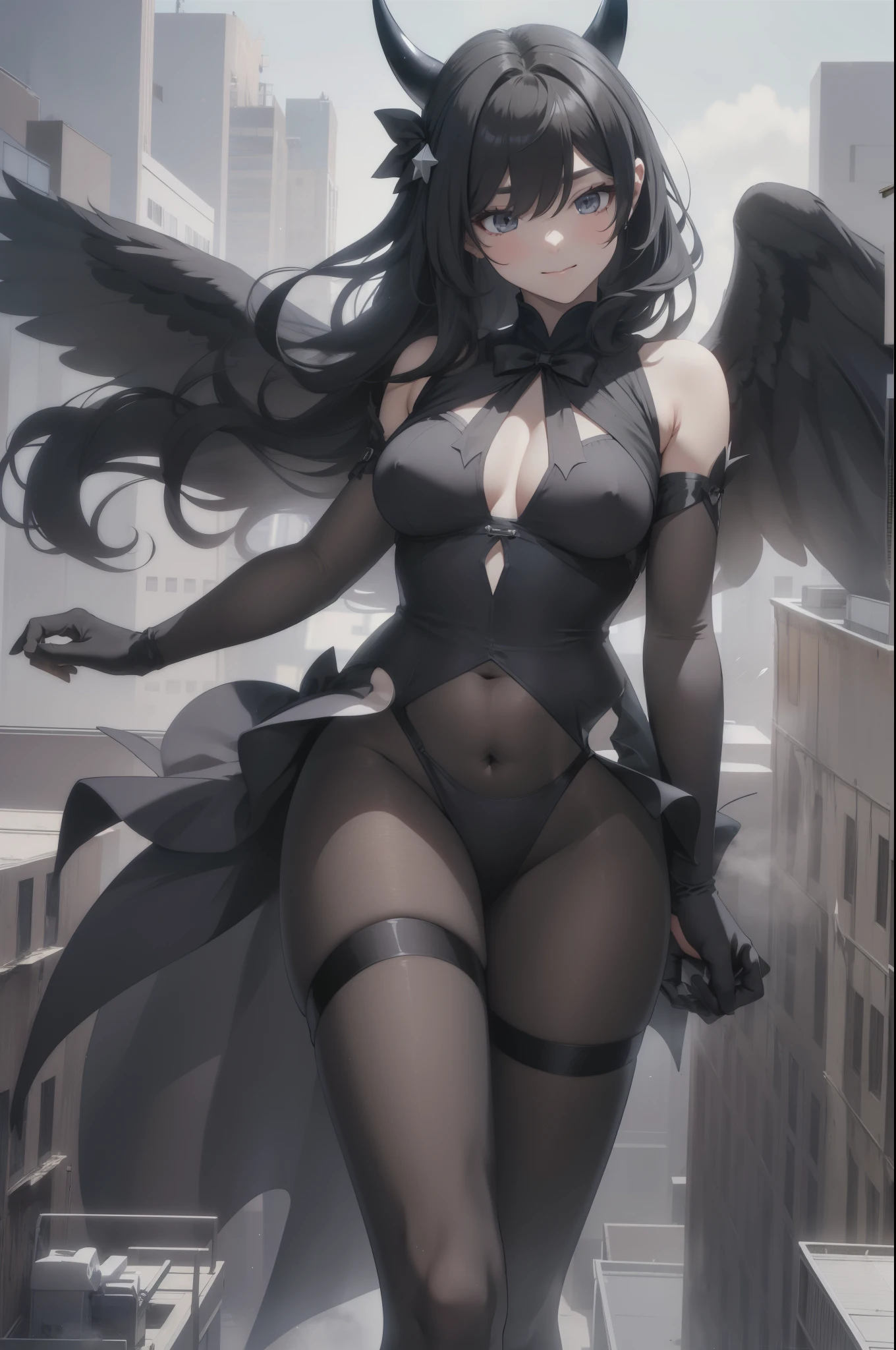 Aerial View,giant girl 50,000 feet high,Weight 1000kg,Has a pair of huge black angel wings,With huge devil horns on his head,Has waist-length black hair,loose hair,Big black wavy curls,Wearing a pair of black Mary Jane high heels,Black lace gloves,Black lace pantyhose,Pantyhose with bow and star decorations,黑色蕾丝whole body,Standing upright on a small city,Beautiful appearance,Exquisite makeup,quality,8k,高quality,Perfect proportion, Cinema lighting,film grain,Fuji colors,8k,textured skin,Super details,high detail,high resolution,fake smile,blood stains,脚底有blood stains,whole body,Obese,feather