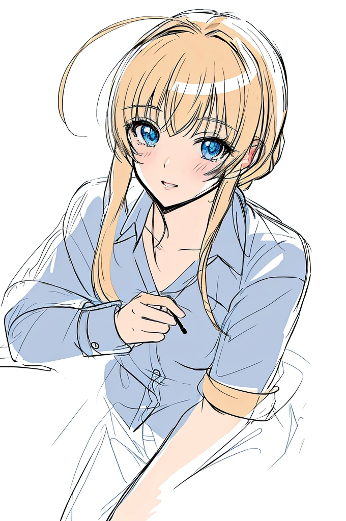 anime girl with blue eyes and blonde hair sitting down, sketchy art style, colored sketch, I got an iPad, anime woman, an anime girl, anime sketch, Drawn at Anime Painter Studio, anime picture, Created at Anime Artist Studio, digital coloring, anime style characters, anime character, line sketch!!, high quality colored sketch, anime girl,