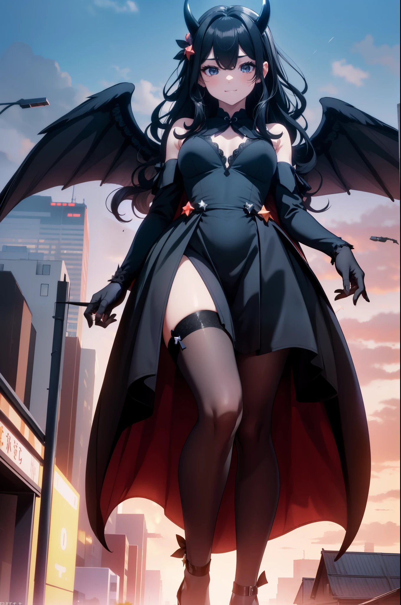 Aerial View,giant girl 50,000 feet high,Weight 1000kg,Has a pair of huge black angel wings,With huge devil horns on his head,Has waist-length black hair,loose hair,Big black wavy curls,Wearing a pair of black Mary Jane high heels,Black lace gloves,Black lace pantyhose,Pantyhose with bow and star decorations,黑色蕾丝whole body,Standing upright on a small city,Beautiful appearance,Exquisite makeup,quality,8k,高quality,Perfect proportion, Cinema lighting,film grain,Fuji colors,8k,textured skin,Super details,high detail,high resolution,fake smile,blood stains,脚底有blood stains,whole body,Obese,feather