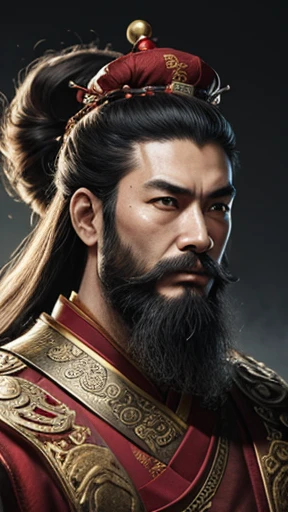 oriental、man in ancient chinese clothes、ancient chinese hairstyle man、three kingdom、multiple warlords、highest quality、masterpiece、ultra high resolution、(realistic:1.4)、game poster、Clear and beautiful image quality、Red clothes、long beard、I put a small box on my head、