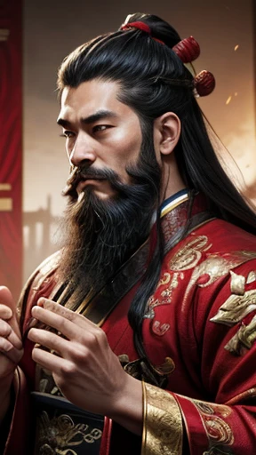 oriental、man in ancient chinese clothes、ancient chinese hairstyle man、three kingdom、multiple warlords、highest quality、masterpiece、ultra high resolution、(realistic:1.4)、game poster、Clear and beautiful image quality、Red clothes、long beard、I put a small box on my head、