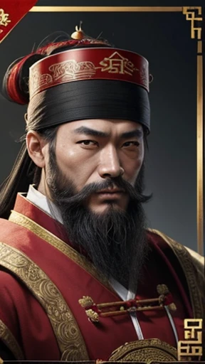 oriental、man in ancient chinese clothes、ancient chinese hairstyle man、three kingdom、multiple warlords、highest quality、masterpiece、ultra high resolution、(realistic:1.4)、game poster、Clear and beautiful image quality、Red clothes、long beard、I put a small box on my head、