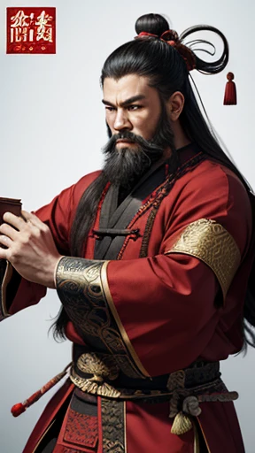 oriental、man in ancient chinese clothes、ancient chinese hairstyle man、three kingdom、multiple warlords、highest quality、masterpiece、ultra high resolution、(realistic:1.4)、game poster、Clear and beautiful image quality、Red clothes、long beard、I put a small box on my head、