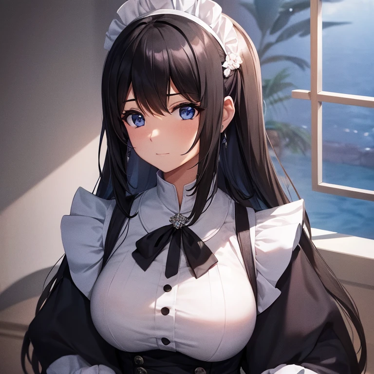 Mujer de tetas grandes vestida de maid, cabello negro, ojos azules, tiene escote y abre la boca