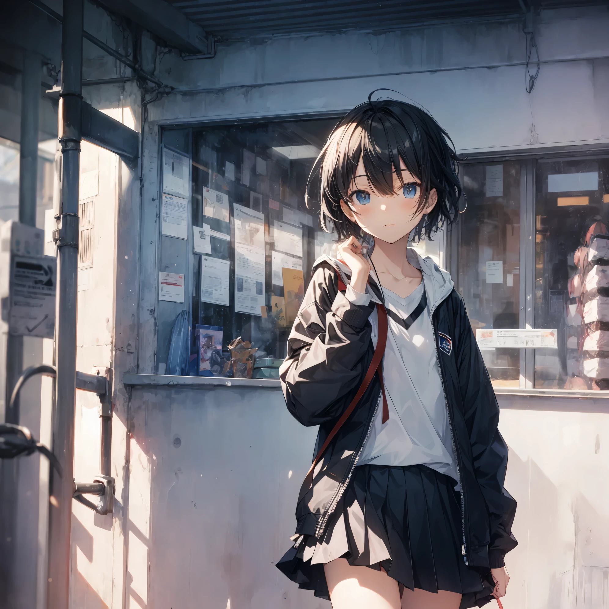 Super high quality by the art god, super detailed, High resolution, anime moe art style, best anime 8K konachan wallpaper, pixiv contest winner, perfect anatomy, break,(眠そうにalone学校へ行く女の子を描いてください. ),break, surreal high school girl, (alone,change, child,:1.3),All limbs, full finger,Middle school students, androgynous charm, ((very short hair)), messy hair, flat chest, small ass, between legs, Small black eyes,beautiful and fine eyes, Well-proportioned iris and pupils, disgusted eyes, High resolutionの詳細な髪, school uniform, (skirt), On the way to school. break,super dense skin, Best lighting by famous artists, 8K, figure,