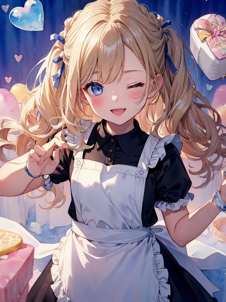 photo realistic, photo realistic, photo realistic, (masterpiece,best quality:1.4),(8k,raw photo,photo realistic:1.2),Not Safe for Work, detailed skin,detailed face,1girl,Japanese idol,cute face,
(((apron dress))), pinafore, ((White ruffle apron)), happy, ;p, medium bob, blonde hair, ((wavy hair)), shimmering eyes, Blue eyes, one eye closed, :d, head_tilt, long hair, , child, 14 yo, ((triangular bandage)), flat chest, beautiful hands, neck ribbon, wristband, arm garter, corsage, making sweets,braided bangs,long tongue, object hug,
(((close up to face, zoom in face))), ((face focus)), ((above shoulder)), (looking up to viewer), detailed background, perfect lighting, ((from just in front above)),pastel colour, sweets, candy, confection, soap bubbles, big cake,heart background, (((watercolor))),