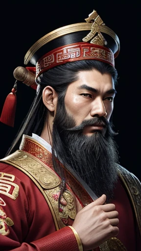 oriental、man in ancient chinese clothes、ancient chinese hairstyle man、three kingdom、multiple warlords、highest quality、masterpiece、ultra high resolution、(realistic:1.4)、game poster、Clear and beautiful image quality、Red clothes、long beard、I put a small box on my head、