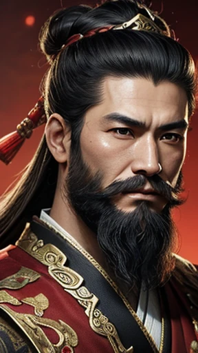 oriental、man in ancient chinese clothes、ancient chinese hairstyle man、three kingdom、multiple warlords、highest quality、masterpiece、ultra high resolution、(realistic:1.4)、game poster、Clear and beautiful image quality、Red clothes、long beard、I put a small box on my head、